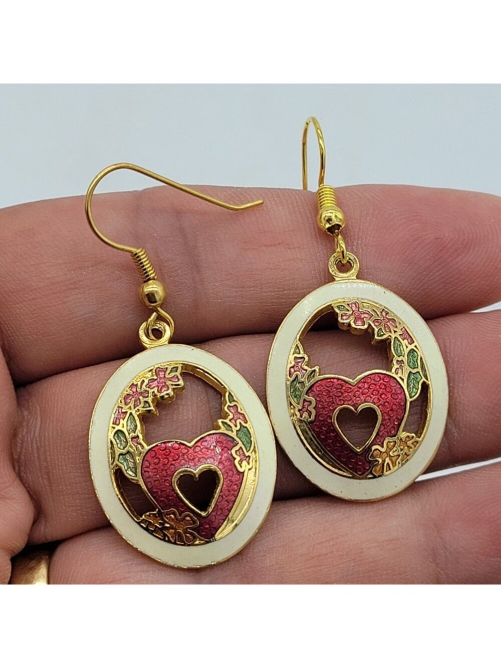 Vintage Cloisonne Drop Dangle Earrings New Ear Wire Heart Flower Motif Gold Tone